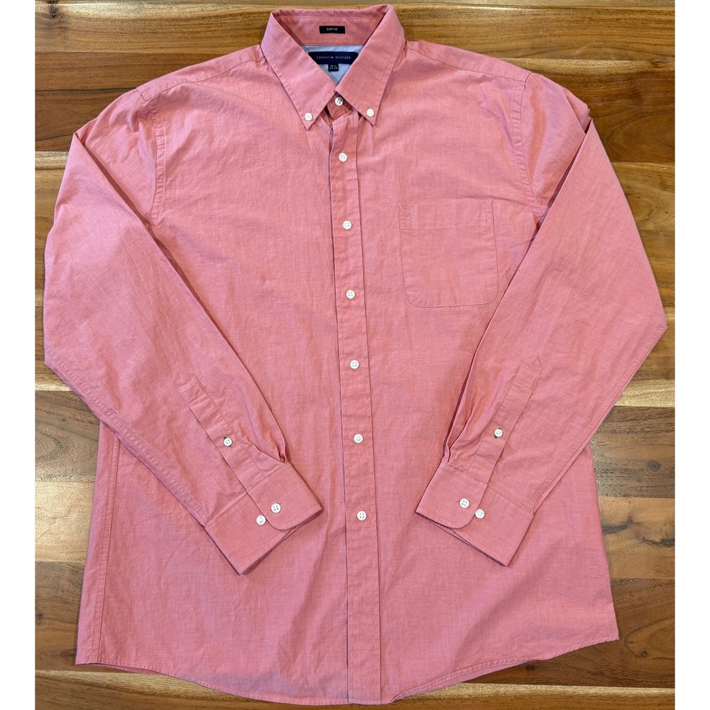 Tommy Hilfiger Mens Slim Fit Button Down Shirt Salmon Pink Cotton 16.5 34-35